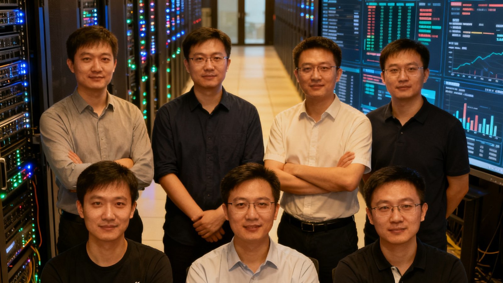 闪电比分创始团队8人在北京数据中心机房内合影，背景是闪烁的服务器机柜和实时数据监控大屏，团队神情专注而自信